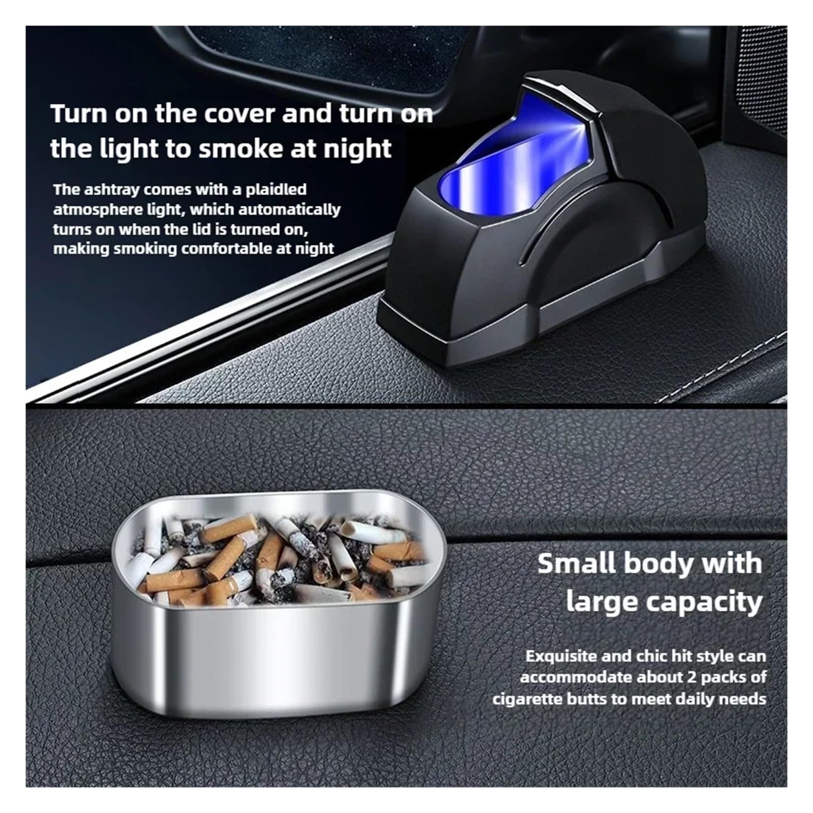 Slide-Lid Car Ashtray — Compact, Odor-Sealing & LED-Lit